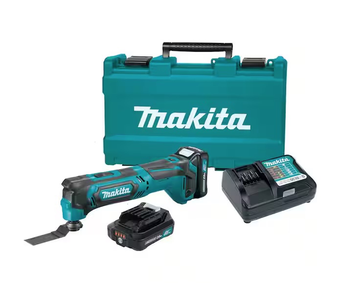 Makita MT01R1 12V max CXT Lithium-Ion Cordless Multi-Tool Kit in teal and black coloring against white background.