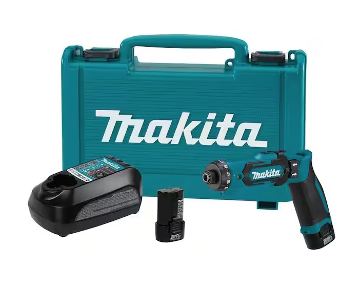 Makita 7.2V Lithium-Ion 1/4 in. Cordless Hex Driver-Drill Kit against white background.