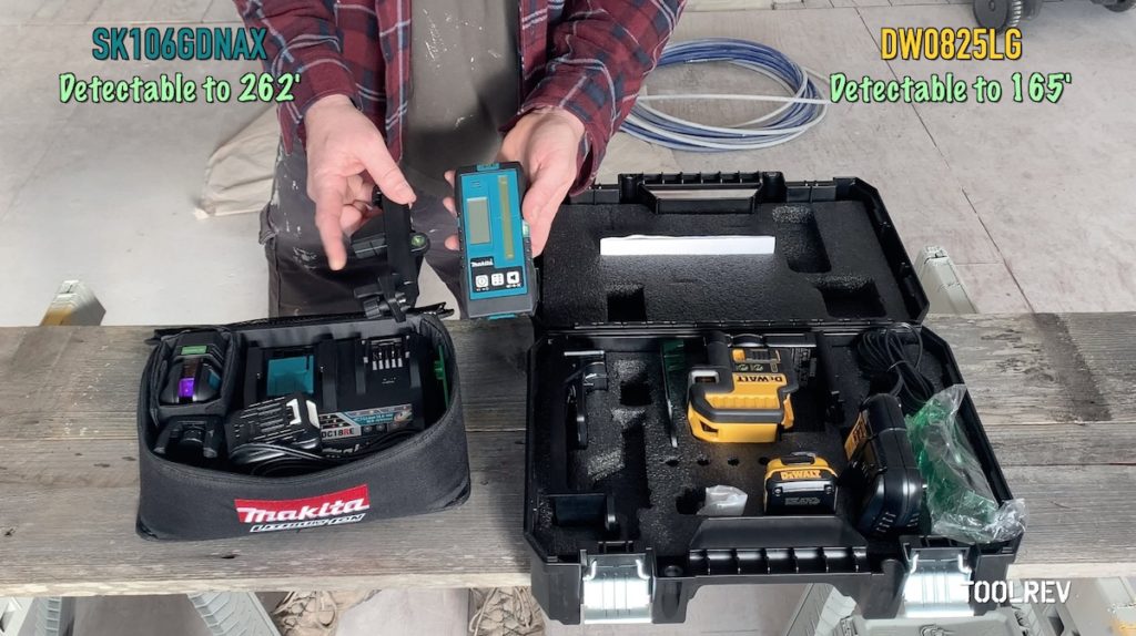 Man holding a Makita laser detector.