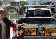 Dewalt corded and cordless table saws, yellow and black, on truck bed.