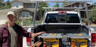 Dewalt corded and cordless table saws, yellow and black, on truck bed.