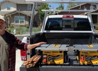 Dewalt corded and cordless table saws, yellow and black, on truck bed.