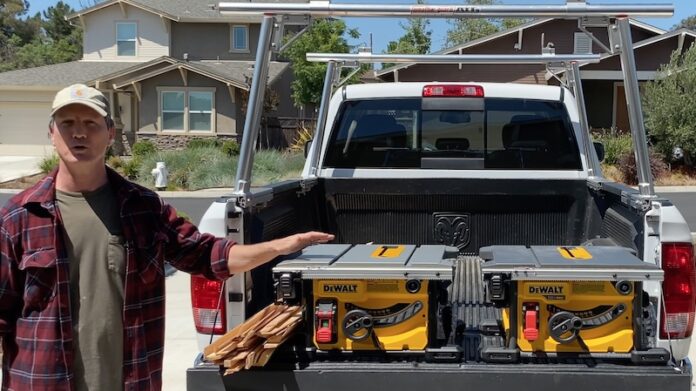 Dewalt corded and cordless table saws, yellow and black, on truck bed.