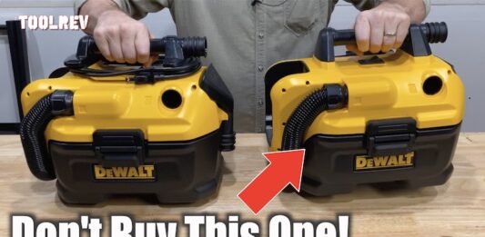 DeWalt dcv580h and dcv581h cordless shop vacs on table.