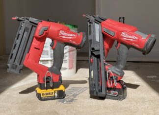 Milwaukee nailers, one with a DeWalt battery.