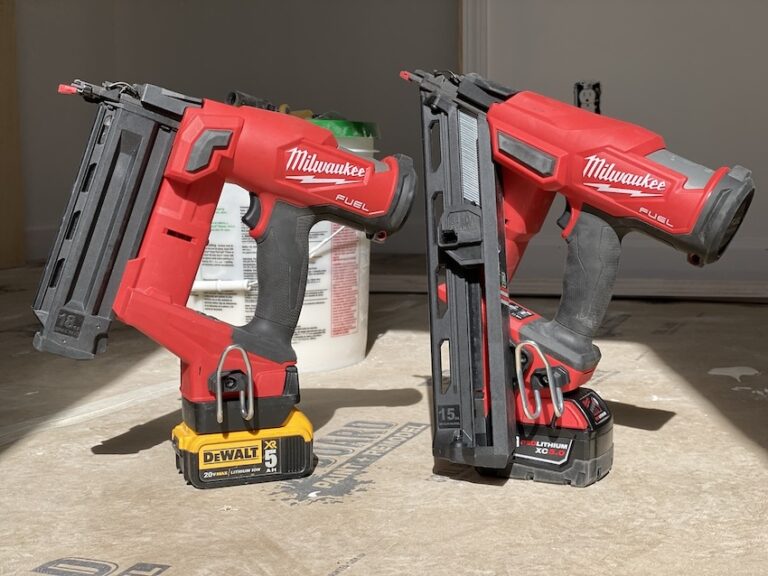 Milwaukee nailers, one with a DeWalt battery.