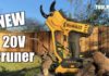 DeWalt 20V pruner in yellow and black shown in a backyard.