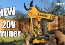 DeWalt 20V pruner in yellow and black shown in a backyard.