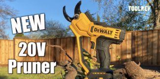 DeWalt 20V pruner in yellow and black shown in a backyard.