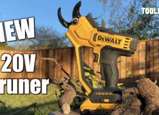 DeWalt 20V pruner in yellow and black shown in a backyard.
