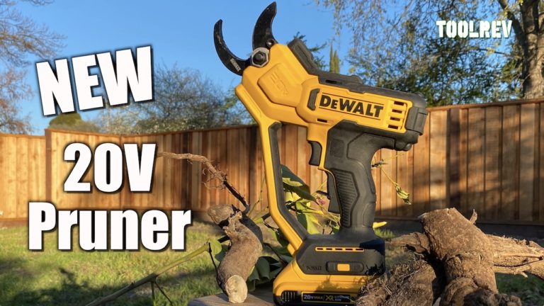 DeWalt 20V pruner in yellow and black shown in a backyard.