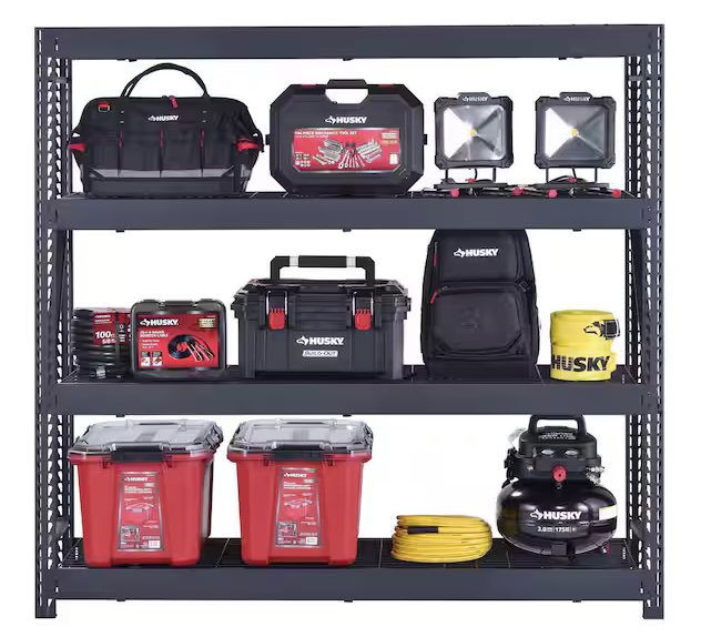 husky steel shelving unit in black color