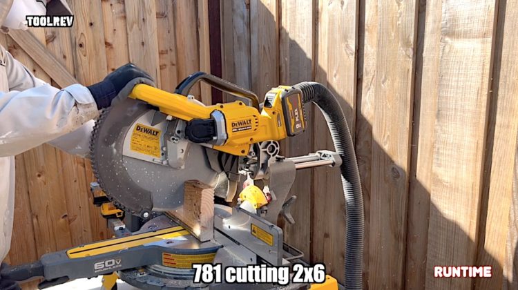 DeWalt 60V miter saw cutting 2x lumber.