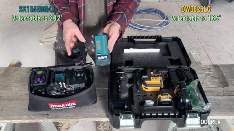 Makita laser detector in kit on work bench.