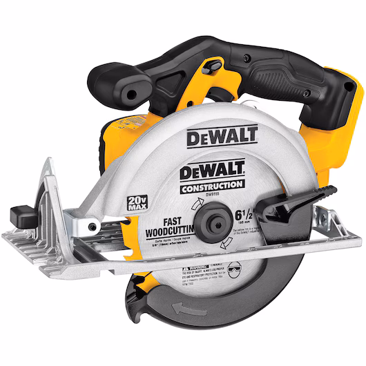 Dewalt circular saw in yellow and black against white background.