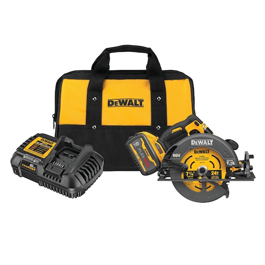 DeWalt 60V Circular Saw with carry bag and charger against white background.