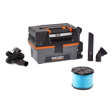 Ridgid vacuum with accessories against a white background.
