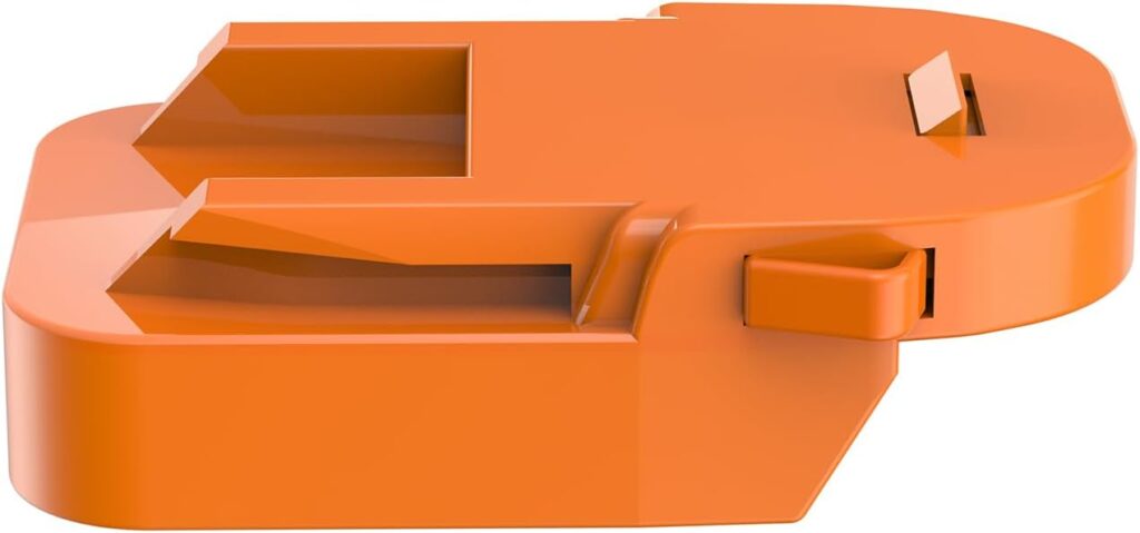 Orange power tool battery adapter against a white background.