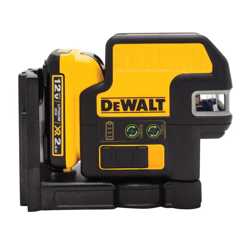 DeWalt laser level in yellow and black against w white background.