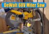 DeWalt miter saw cutting wood outdoors.