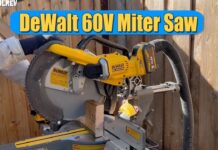 DeWalt miter saw cutting wood outdoors.