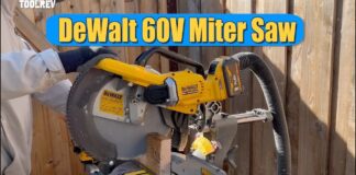 DeWalt miter saw cutting wood outdoors.