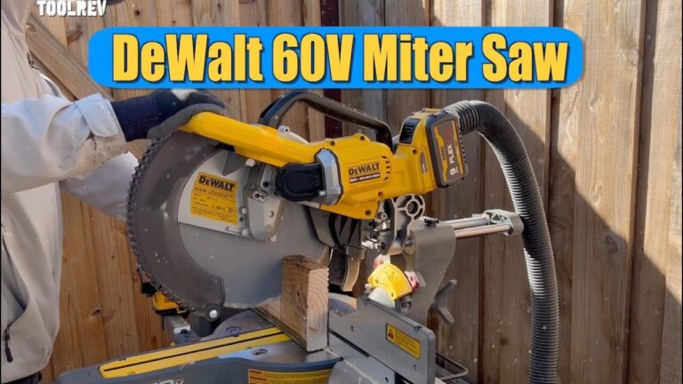 DeWalt miter saw cutting wood outdoors.