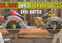 DeWalt Flexvolt circular saw next to a Milwaukee sa outside on a wood plank.