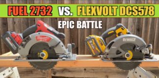 DeWalt Flexvolt circular saw next to a Milwaukee sa outside on a wood plank.