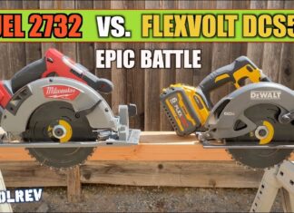 DeWalt Flexvolt circular saw next to a Milwaukee sa outside on a wood plank.