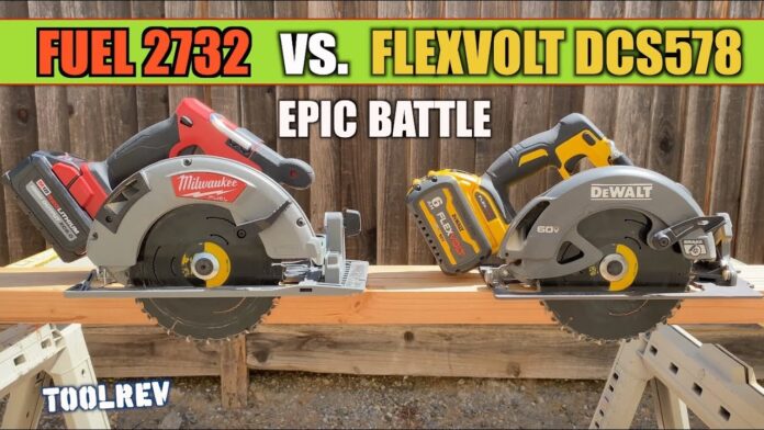 DeWalt Flexvolt circular saw next to a Milwaukee sa outside on a wood plank.