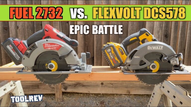 DeWalt Flexvolt circular saw next to a Milwaukee sa outside on a wood plank.