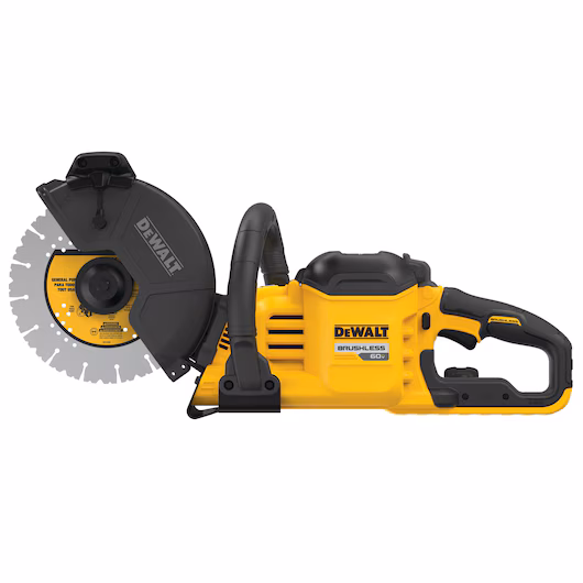 DeWalt DCS692B 60V MAX cordless cut-off saw, yellow and black, for professional concrete cutting, on white background.