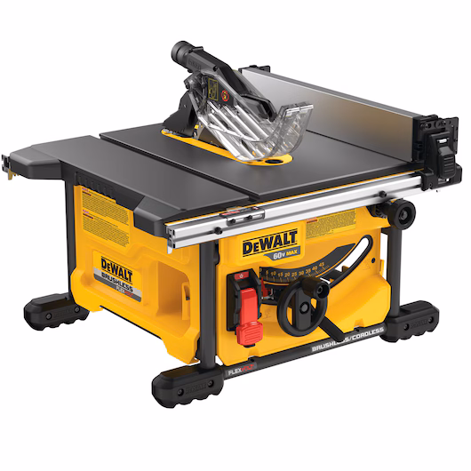 DeWalt DCS7485B cordless compact table saw against white background.