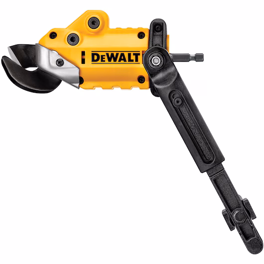 DeWalt DWASHRIR 18-gauge shear attachment, yellow and black, for cutting sheet metal, on white background.