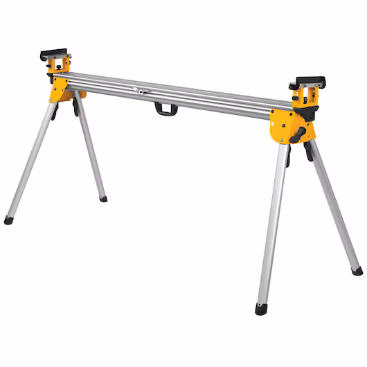 DeWalt DWX723 miter saw stand, yellow and black, for workshop woodworking, on white background.