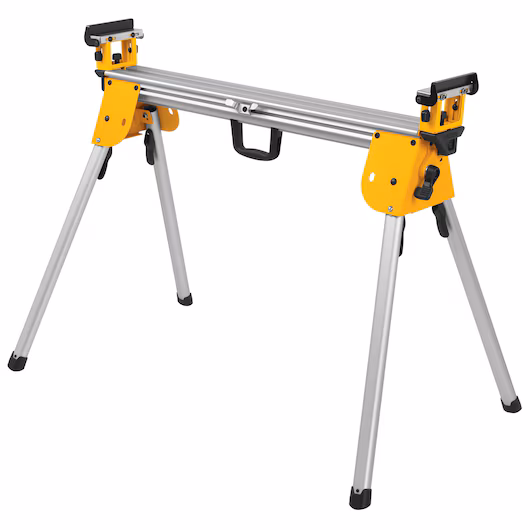 DeWalt DWX724 miter saw stand, yellow and black, for professional woodworking, on white background.