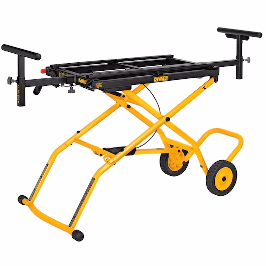 DeWalt DWX726 rolling miter saw stand, yellow and black, for professional woodworking, on white background.
