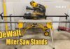 Dewalt portable rolling and folding miter saw stands in garage.