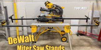 Dewalt portable rolling and folding miter saw stands in garage.