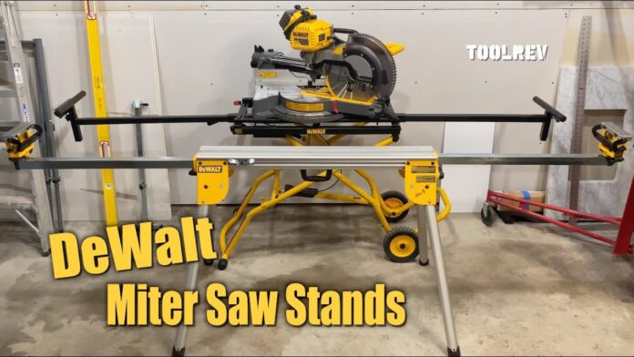 Dewalt portable rolling and folding miter saw stands in garage.