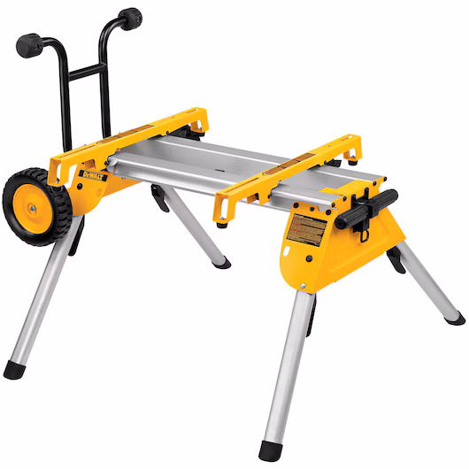 DeWalt rolling table saw stand for woodworking, yellow and black, white background.