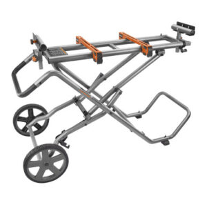 RIDGID AC9946 mobile miter saw stand, orange and gray, with wheels for jobsite mobility, on white background.