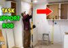 Task support rod holding up a kitchen cabinet during construction.