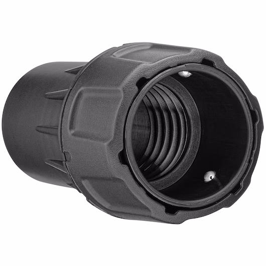 DeWalt dust connector for shop vacs in black.