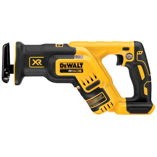 DeWalt reciprocating saw, yellow and black, white background.