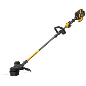 DeWalt 60v string trimmer, yellow and black, against white background.