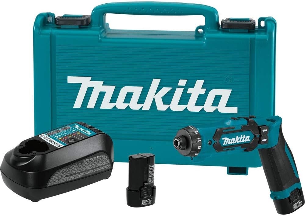 Makita 7.2V drill driver kit, teal and black, against white background.