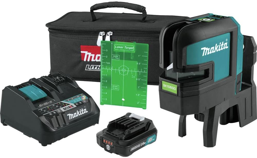 Makita laser level kit, green and black, against white background.