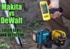 Makita and DeWalt laser levels on dirt ground.